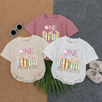 Personalized Storybook Theme Baby Romper with 'One for the Books' Artwork, First Birthday Outfit, Soft Cotton Long Sleeve Infant Clothes