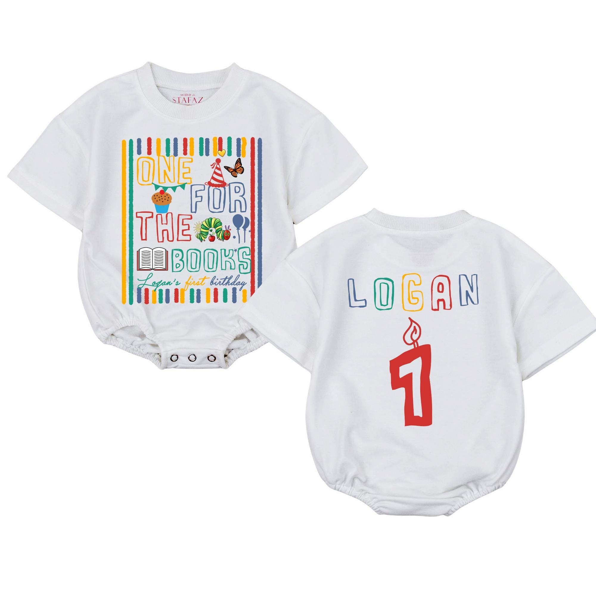 Personalized One for the Books Baby Romper Logan's First Birthday Outfit Girl Party Clothes Colorful Bookworm Design Cotton Comfortable Gift
