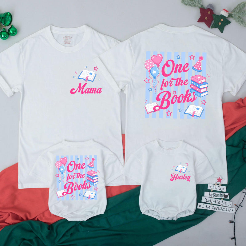 Personalized One for the Books Birthday Shirts Family Matching Outfits Custom Names Toddler Girl Party Design Pink Script Cotton Comfort