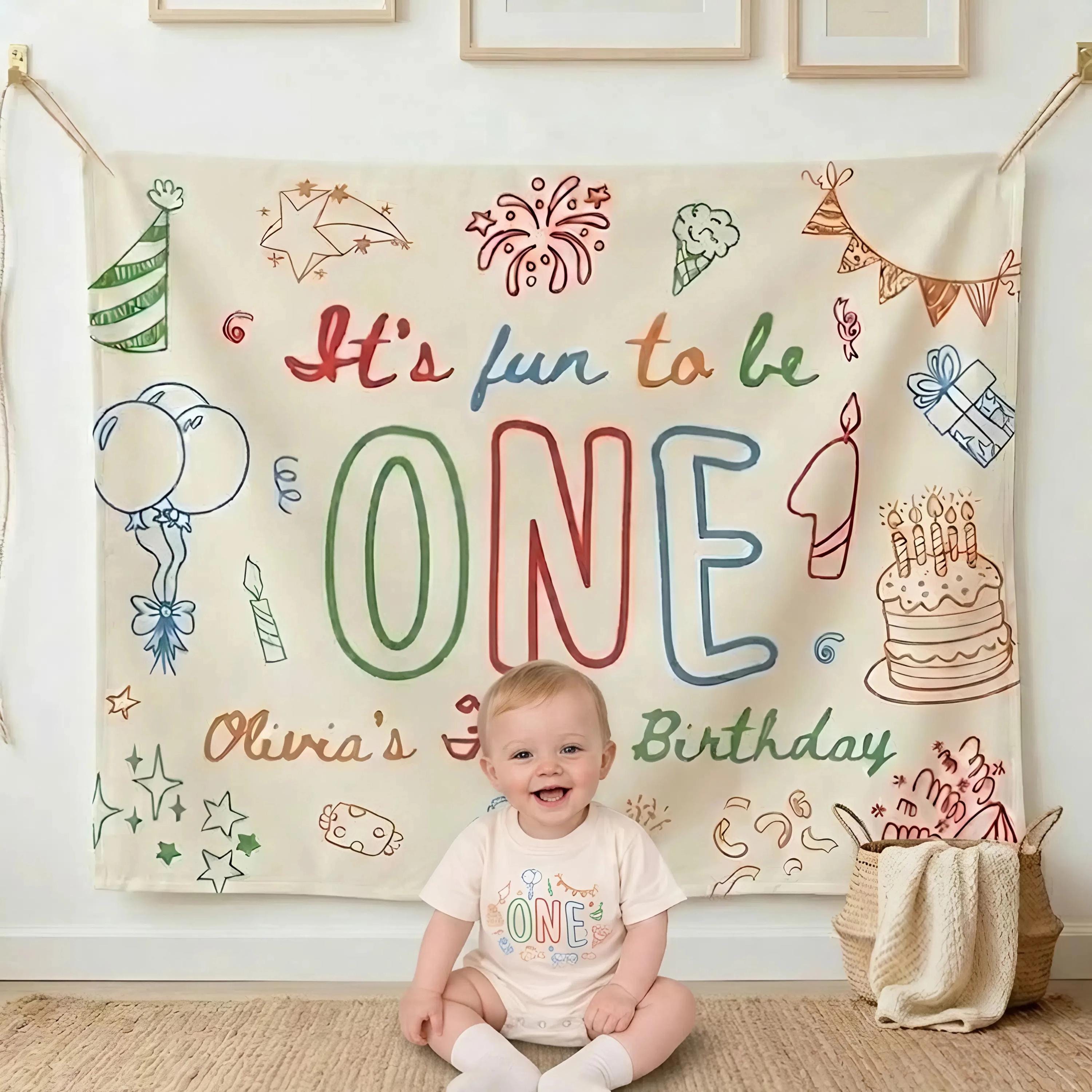 Personalized One Bubble Letter Romper with Festive Doodle Design Baby First Birthday Outfit and Silk Banner Colorful Party Gift