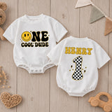 Personalized One Cool Dude Baby Romper with Smiley Face Custom Name 1st Birthday Outfit Retro Groovy Infant Bodysuit Black Yellow Design