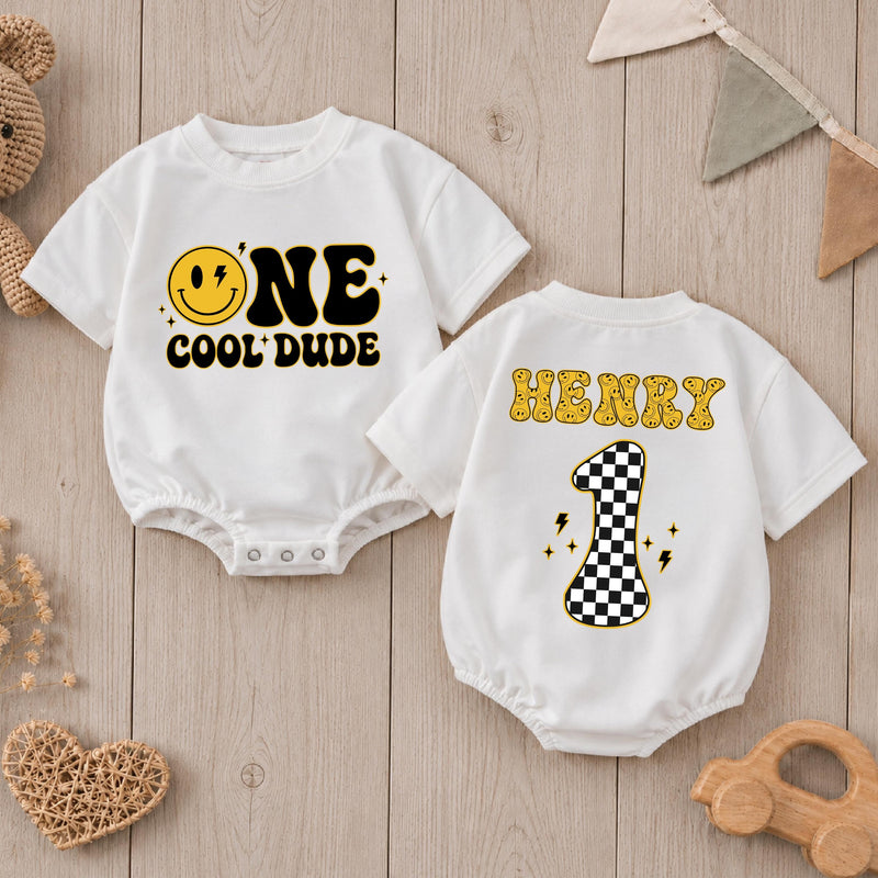 Personalized One Cool Dude Baby Romper with Smiley Face Custom Name 1st Birthday Outfit Retro Groovy Infant Bodysuit Black Yellow Design