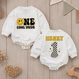 Personalized One Cool Dude Baby Romper with Smiley Face Custom Name 1st Birthday Outfit Retro Groovy Infant Bodysuit Black Yellow Design