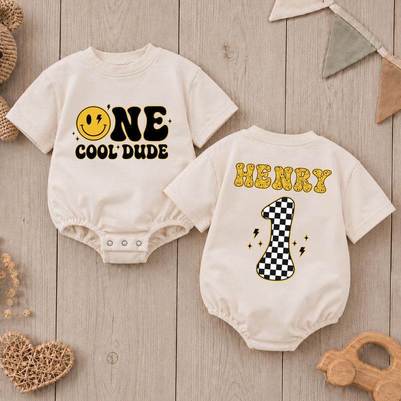 Personalized One Cool Dude Baby Romper with Smiley Face Custom Name 1st Birthday Outfit Retro Groovy Infant Bodysuit Black Yellow Design