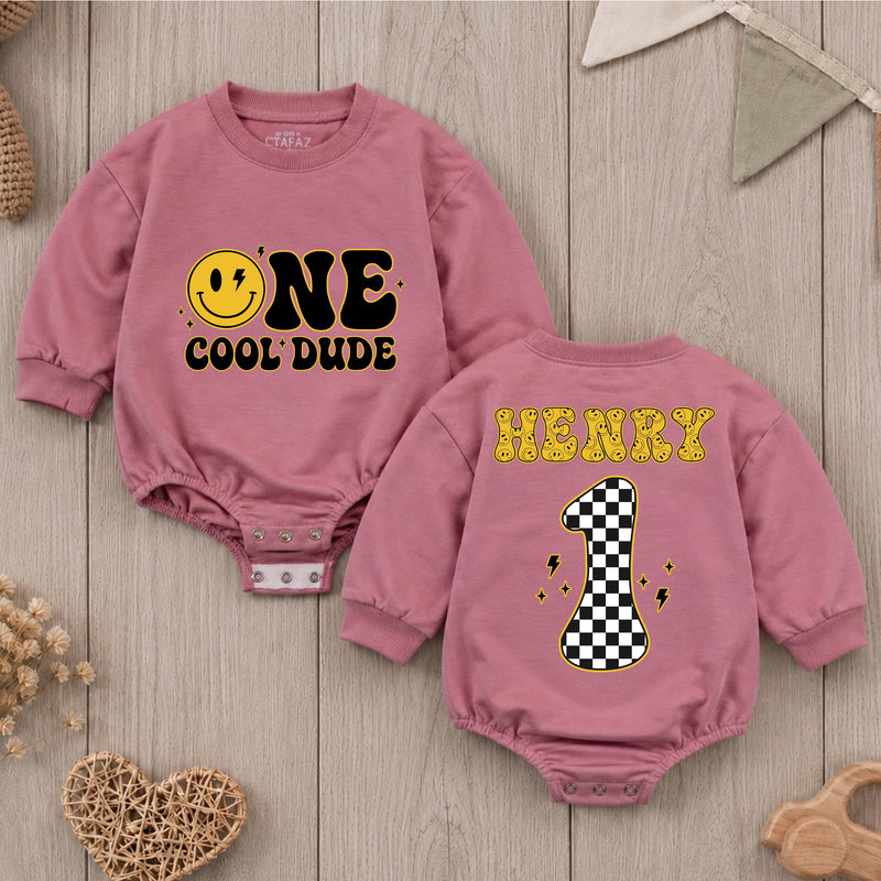 Personalized One Cool Dude Baby Romper with Smiley Face Custom Name 1st Birthday Outfit Retro Groovy Infant Bodysuit Black Yellow Design
