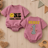 Personalized One Cool Dude Baby Romper with Smiley Face Custom Name 1st Birthday Outfit Retro Groovy Infant Bodysuit Black Yellow Design