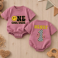 Personalized One Cool Dude Baby Romper with Smiley Face Custom Name 1st Birthday Outfit Retro Groovy Infant Bodysuit Black Yellow Design