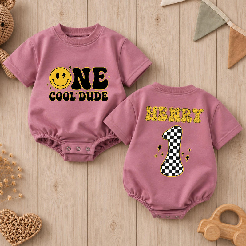 Personalized One Cool Dude Baby Romper with Smiley Face Custom Name 1st Birthday Outfit Retro Groovy Infant Bodysuit Black Yellow Design