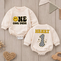 Personalized One Cool Dude Baby Romper with Smiley Face Custom Name 1st Birthday Outfit Retro Groovy Infant Bodysuit Black Yellow Design