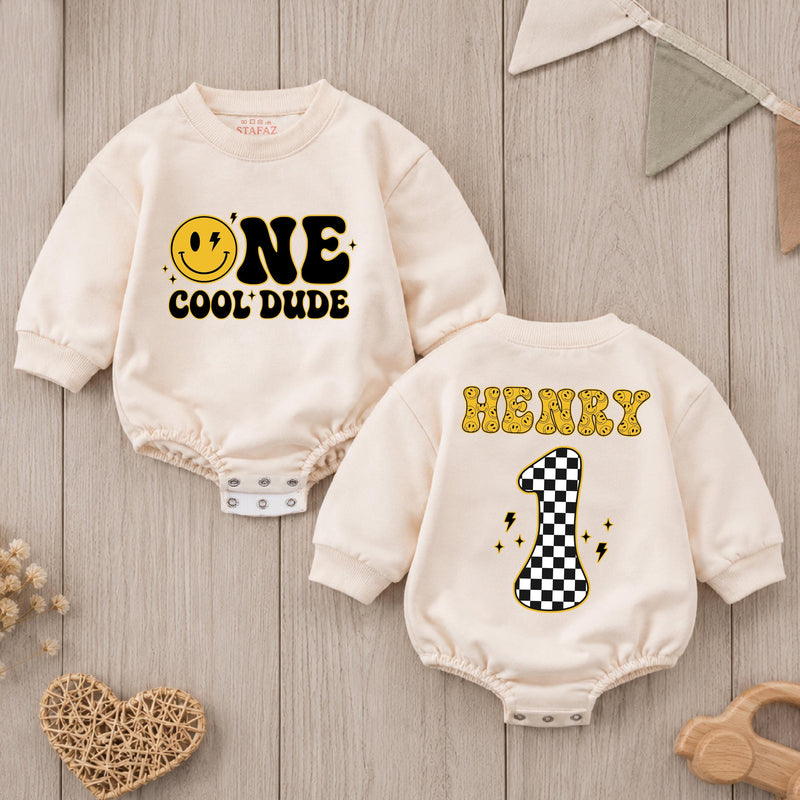 Personalized One Cool Dude Baby Romper with Smiley Face Custom Name 1st Birthday Outfit Retro Groovy Infant Bodysuit Black Yellow Design