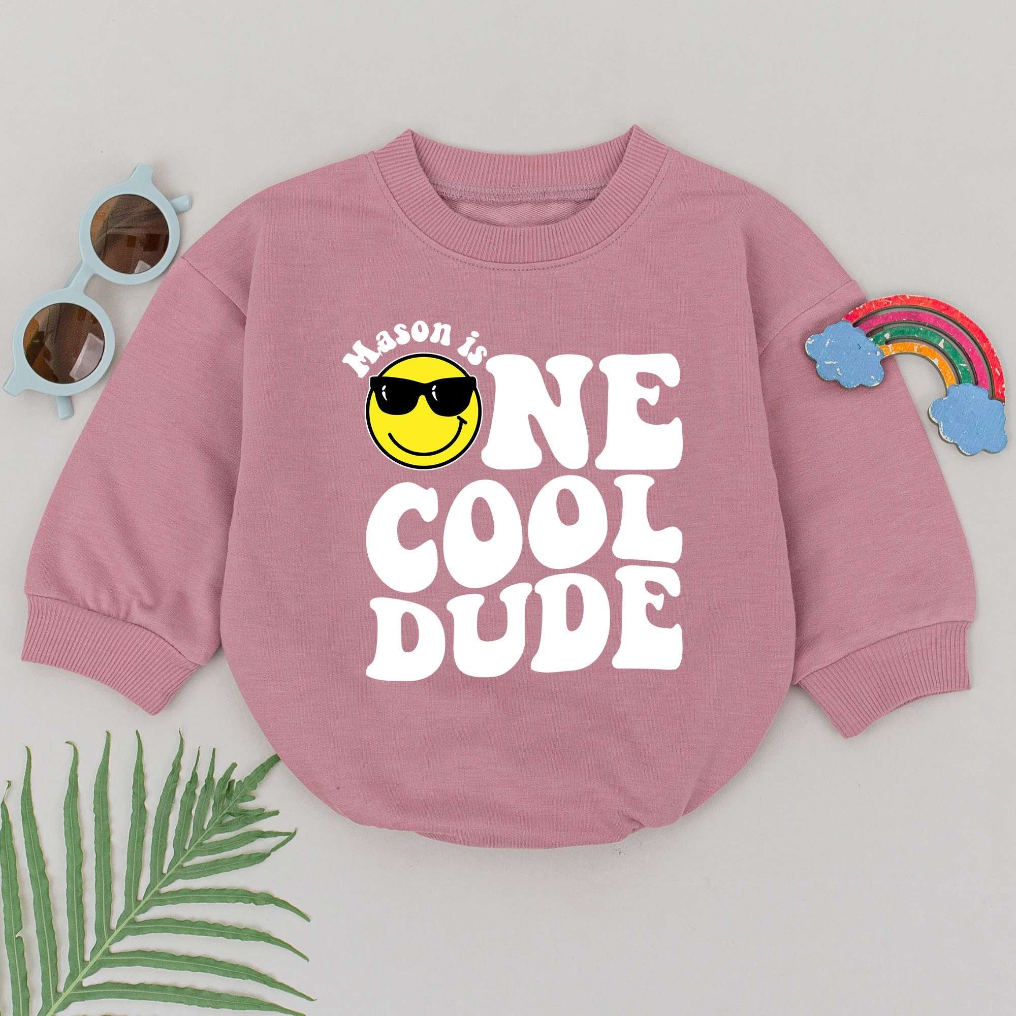 Personalized One Cool Dude Romper with Sunglasses Emoji Boy's First Birthday Outfit Soft Cotton Playful Gift Baby Toddler Celebration