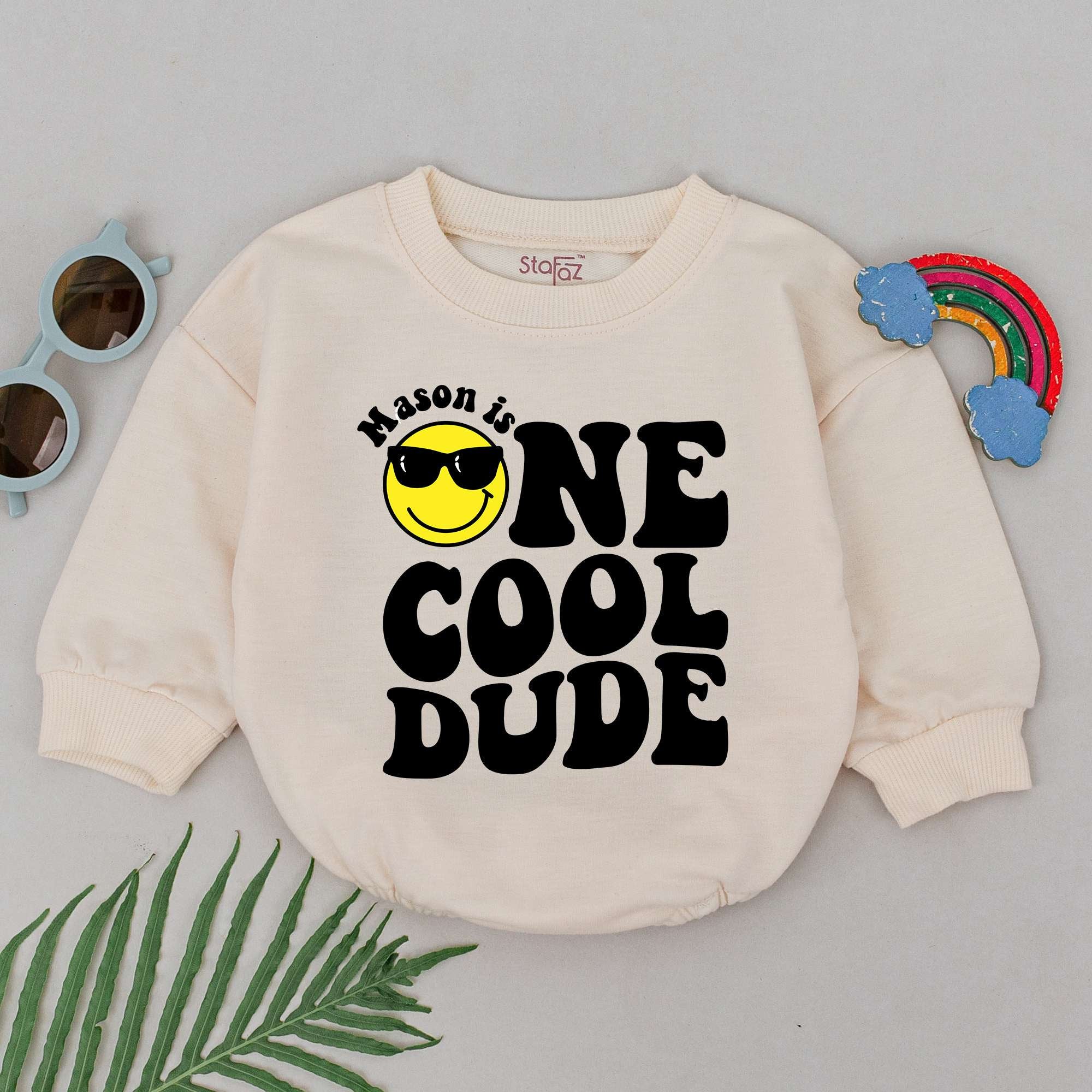 Personalized One Cool Dude Romper with Sunglasses Emoji Boy's First Birthday Outfit Soft Cotton Playful Gift Baby Toddler Celebration