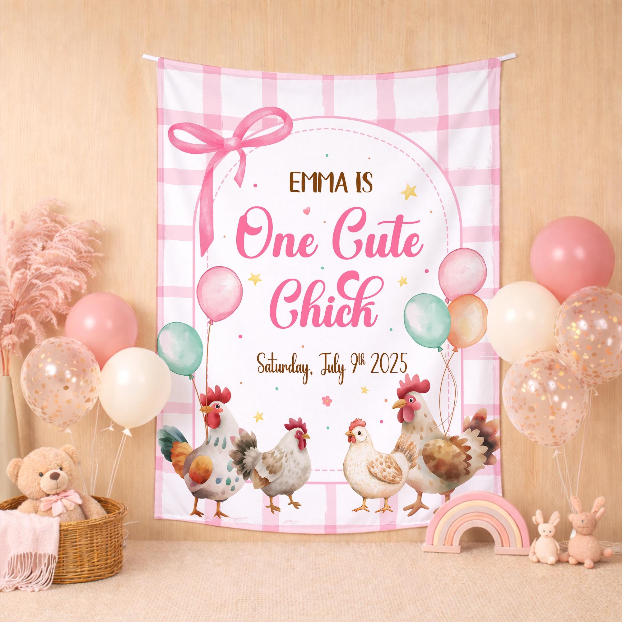 Personalized One Cute Chick 1st Birthday Banner, Soft Pink Gingham Chicken Party Backdrop with Balloons, Custom Name and Date