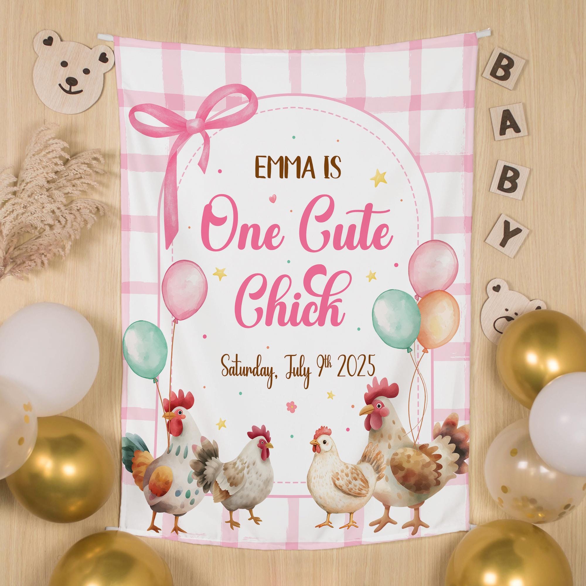 Personalized One Cute Chick 1st Birthday Banner, Soft Pink Gingham Chicken Party Backdrop with Balloons, Custom Name and Date