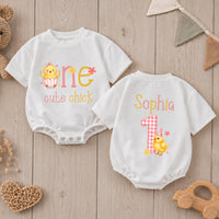 Personalized One Cute Chick First Birthday Romper for Baby Girls, Custom Name Chicken Design, Soft Cotton Outfit for Milestone Photos