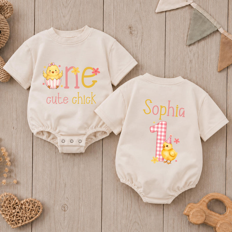 Personalized One Cute Chick First Birthday Romper for Baby Girls, Custom Name Chicken Design, Soft Cotton Outfit for Milestone Photos