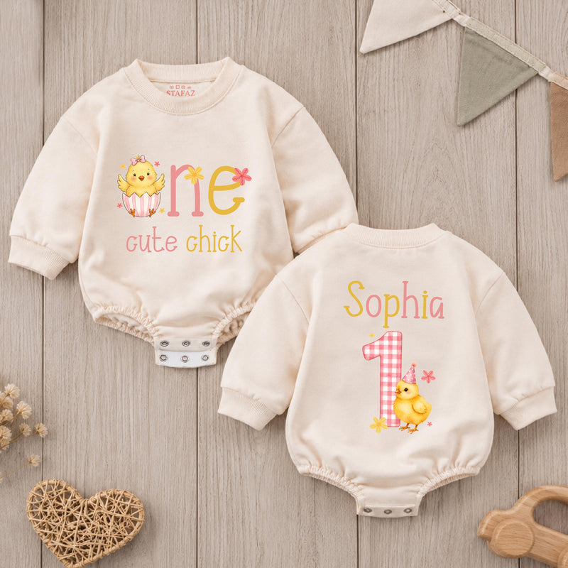 Personalized One Cute Chick First Birthday Romper for Baby Girls, Custom Name Chicken Design, Soft Cotton Outfit for Milestone Photos