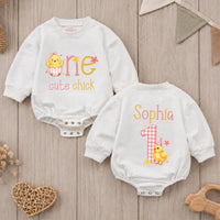 Personalized One Cute Chick First Birthday Romper for Baby Girls, Custom Name Chicken Design, Soft Cotton Outfit for Milestone Photos