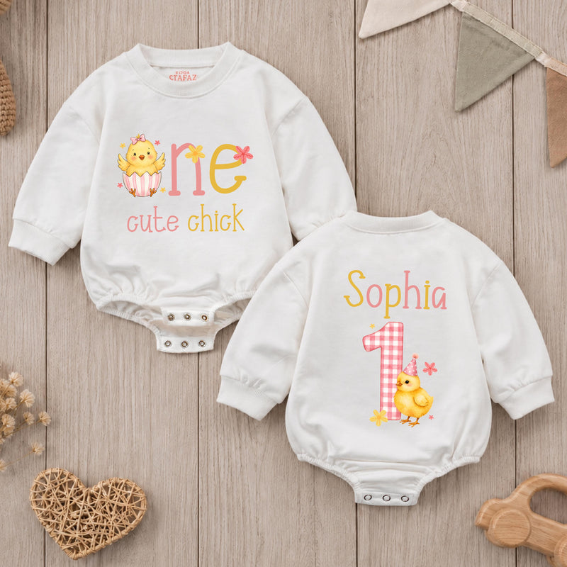 Personalized One Cute Chick First Birthday Romper for Baby Girls, Custom Name Chicken Design, Soft Cotton Outfit for Milestone Photos