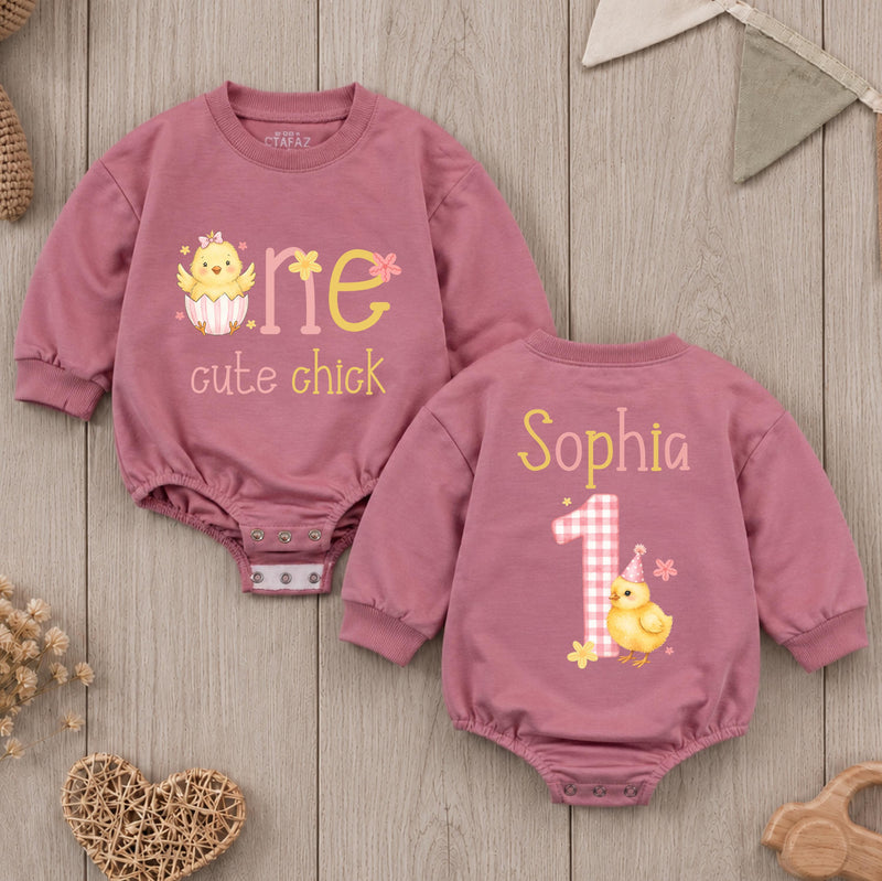 Personalized One Cute Chick First Birthday Romper for Baby Girls, Custom Name Chicken Design, Soft Cotton Outfit for Milestone Photos