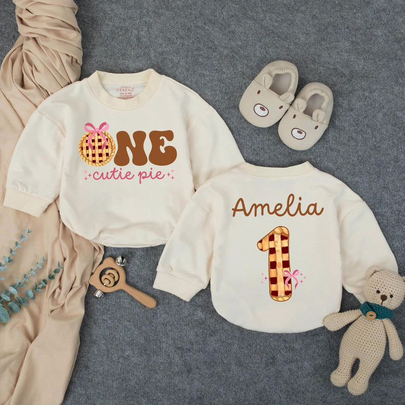 Personalized One Cutie Pie Baby Romper First Birthday Outfit with Name Fall Thanksgiving Pie Design Adorable Infant Clothes Gift