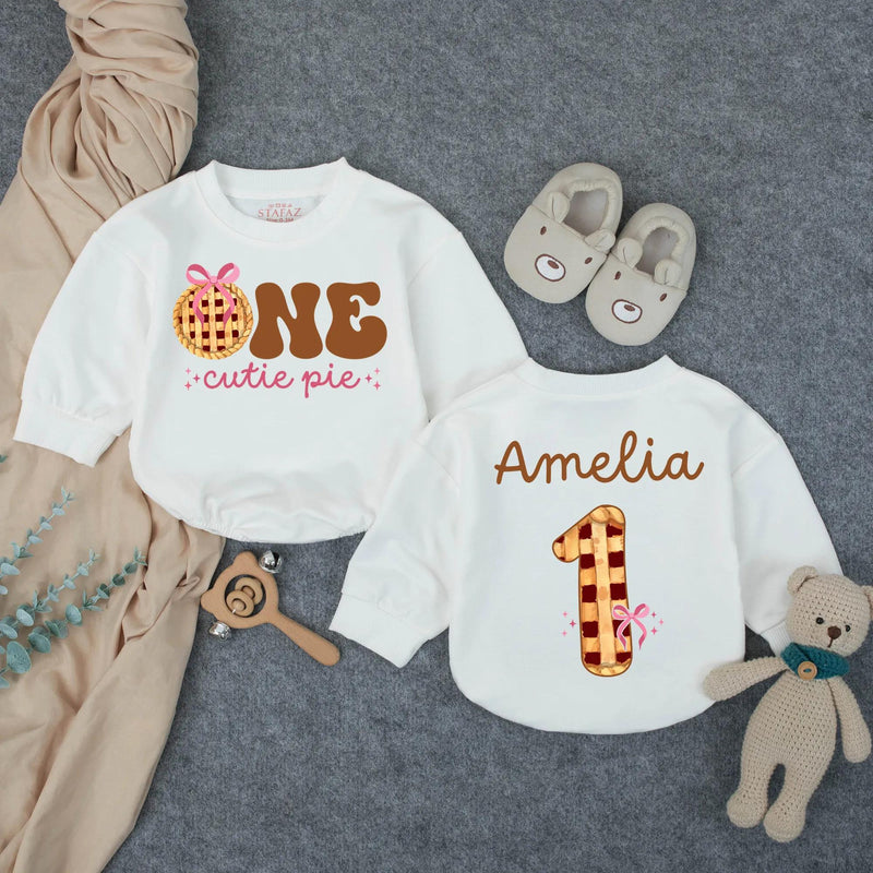 Personalized One Cutie Pie Baby Romper First Birthday Outfit with Name Fall Thanksgiving Pie Design Adorable Infant Clothes Gift