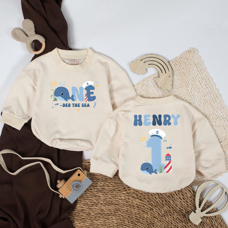 Personalized One-der the Sea Whale Romper First Birthday Outfit Soft Cotton Baby Bodysuit Nautical Ocean Party Gift Boy Infant Clothes