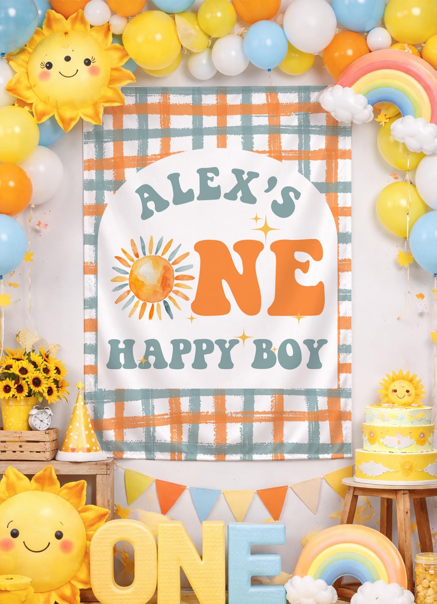 Personalized One Happy Boy Birthday Banner with Retro Sun Design, Custom Name Silk Party Backdrop, 70s Boho Baby First Birthday Decor