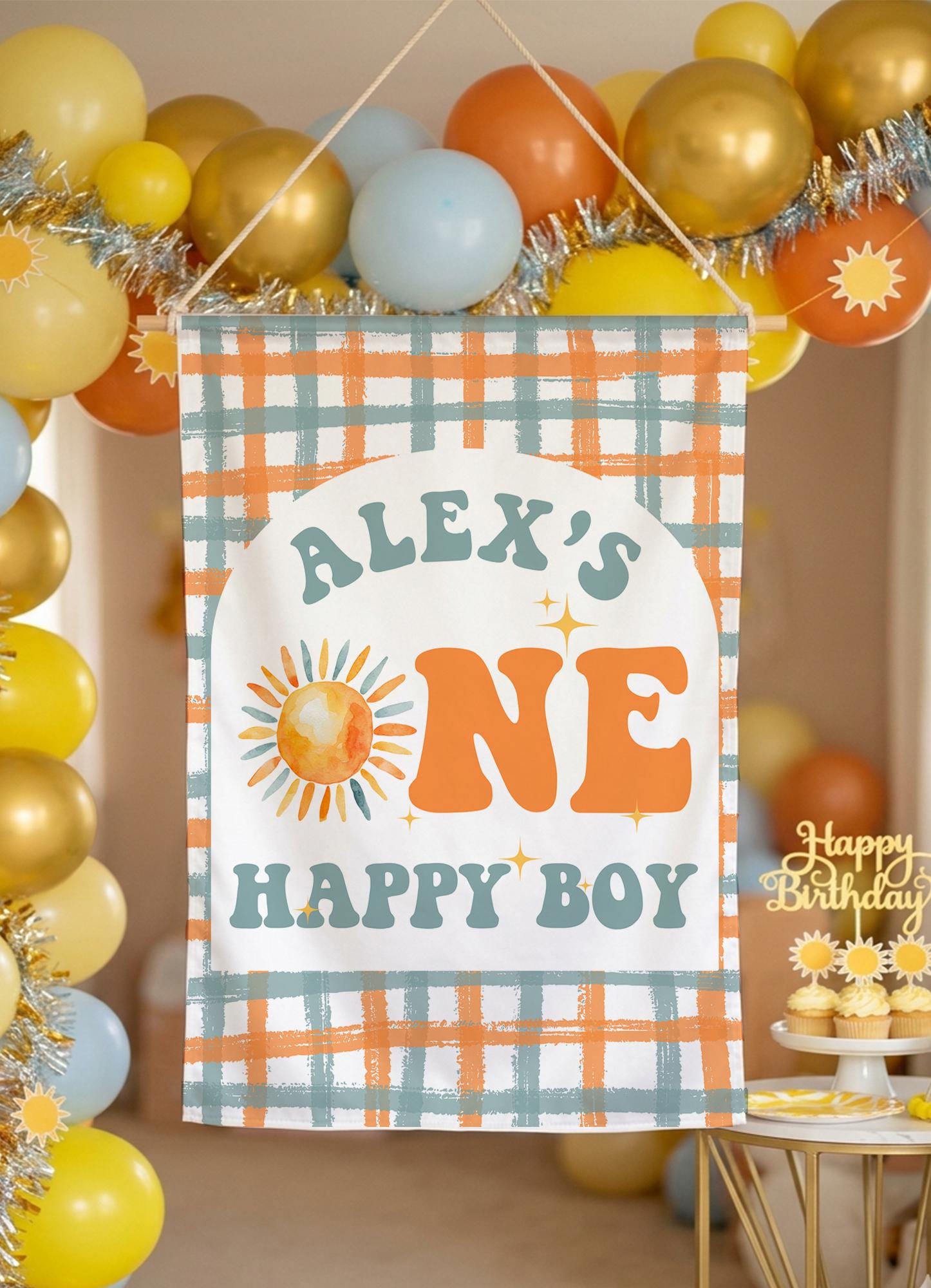 Personalized One Happy Boy Birthday Banner with Retro Sun Design, Custom Name Silk Party Backdrop, 70s Boho Baby First Birthday Decor