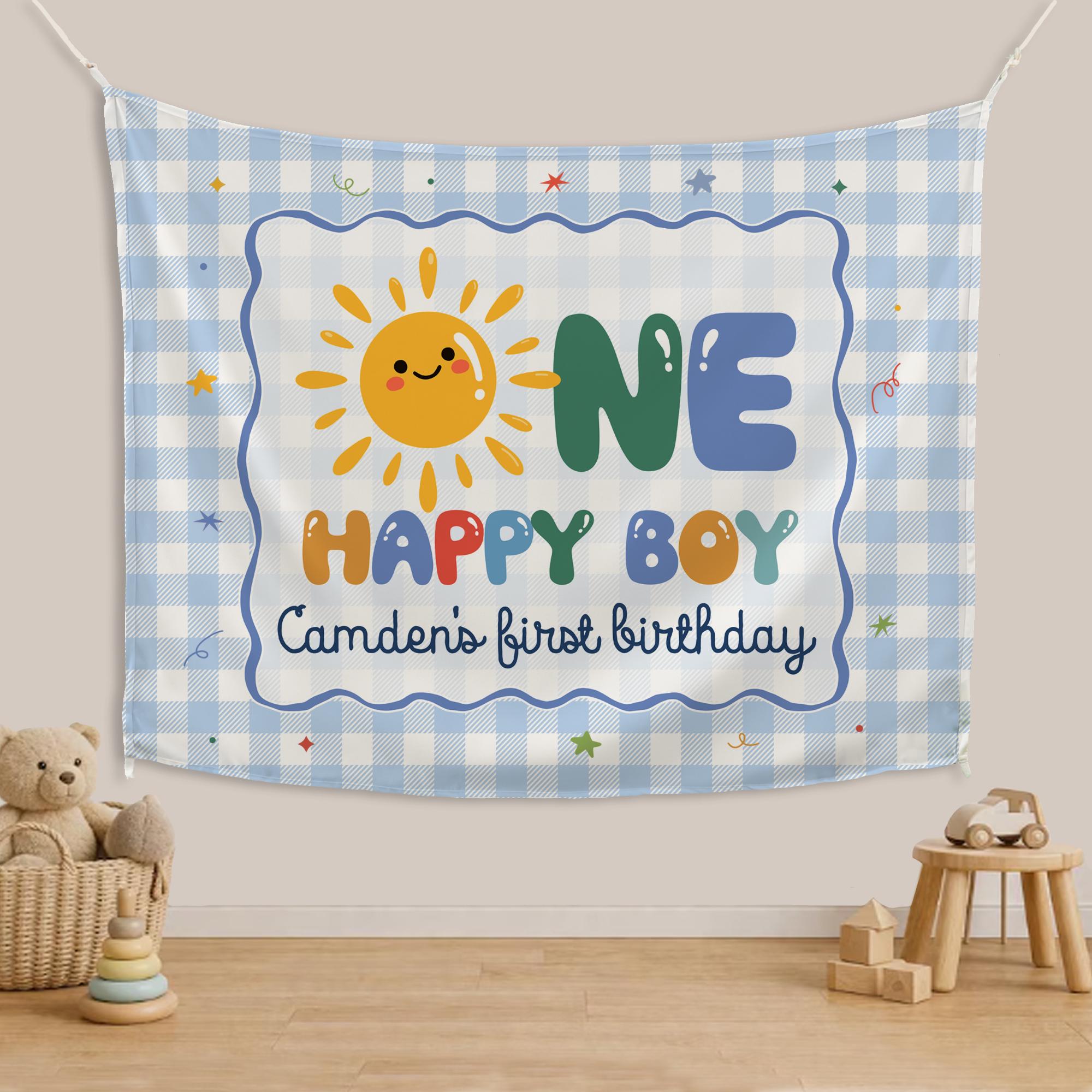 Personalized One Happy Boy Birthday Banner and Sunshine Gingham Romper First Birthday Outfit Custom Baby Party Decor Gift