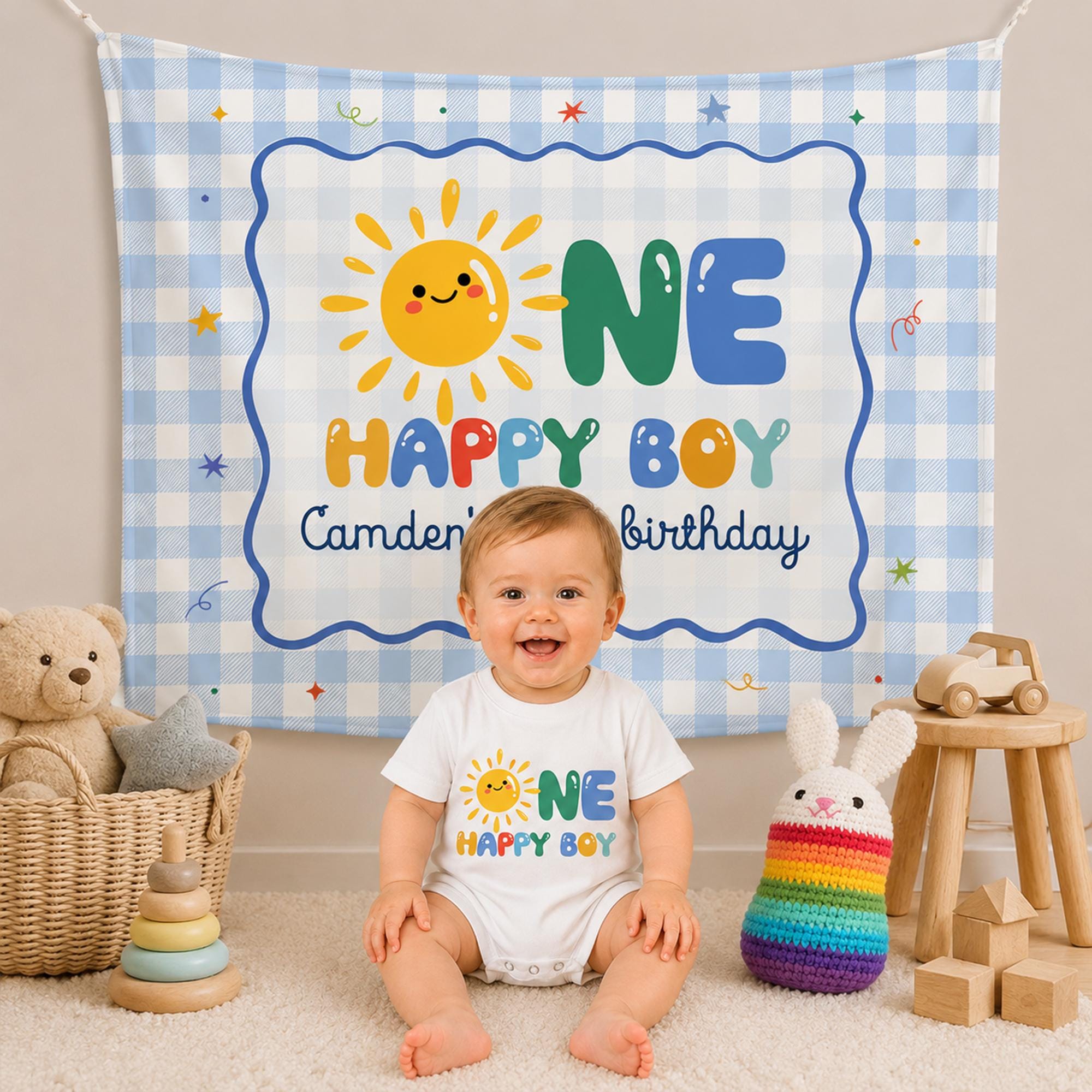 Personalized One Happy Boy Birthday Silk Banner with Sunshine Design and Matching Blue Gingham Cotton Romper for Baby or Toddler Party