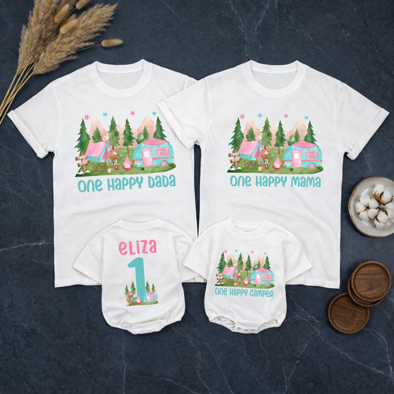 Personalized One Happy Camper 1st Birthday Outfit for Baby Girl and Family Matching Shirts Cute Teal Pink Camping Theme Custom Gift
