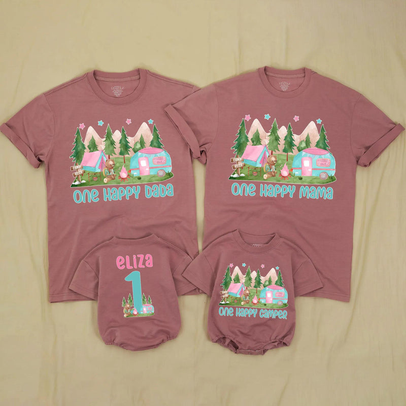 Personalized One Happy Camper 1st Birthday Outfit for Baby Girl and Family Matching Shirts Cute Teal Pink Camping Theme Custom Gift