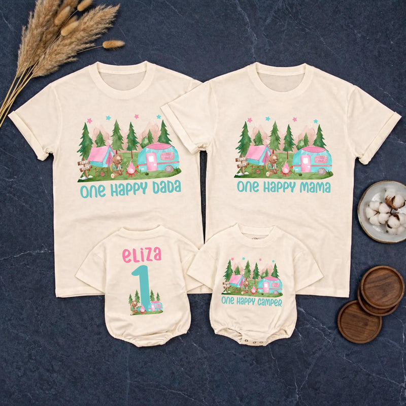 Personalized One Happy Camper 1st Birthday Outfit for Baby Girl and Family Matching Shirts Cute Teal Pink Camping Theme Custom Gift