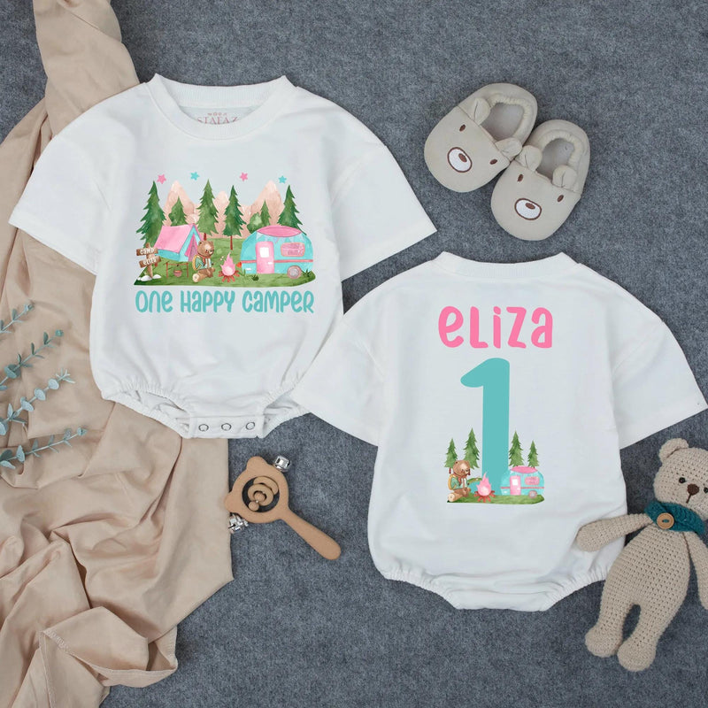 Personalized One Happy Camper 1st Birthday Outfit for Baby Girl and Family Matching Shirts Cute Teal Pink Camping Theme Custom Gift