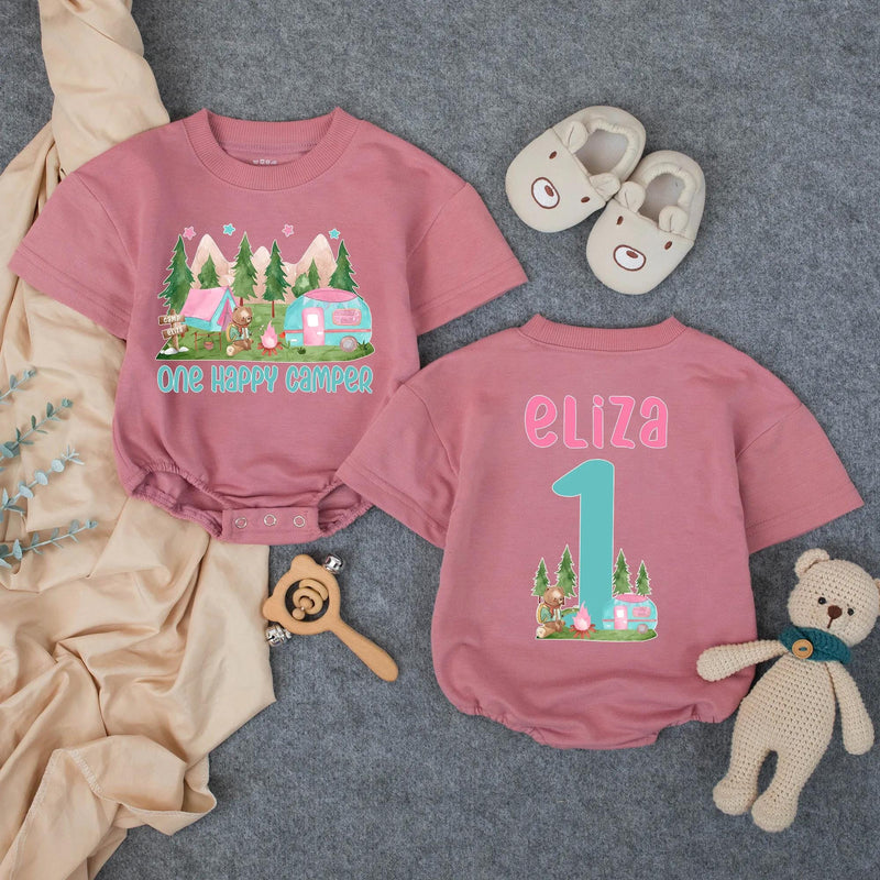 Personalized One Happy Camper 1st Birthday Outfit for Baby Girl and Family Matching Shirts Cute Teal Pink Camping Theme Custom Gift