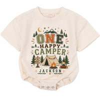 Personalized One Happy Camper Baby Romper with Camping Design, Soft Cotton Long Sleeve Bodysuit for Babies, Perfect First Birthday Outfit