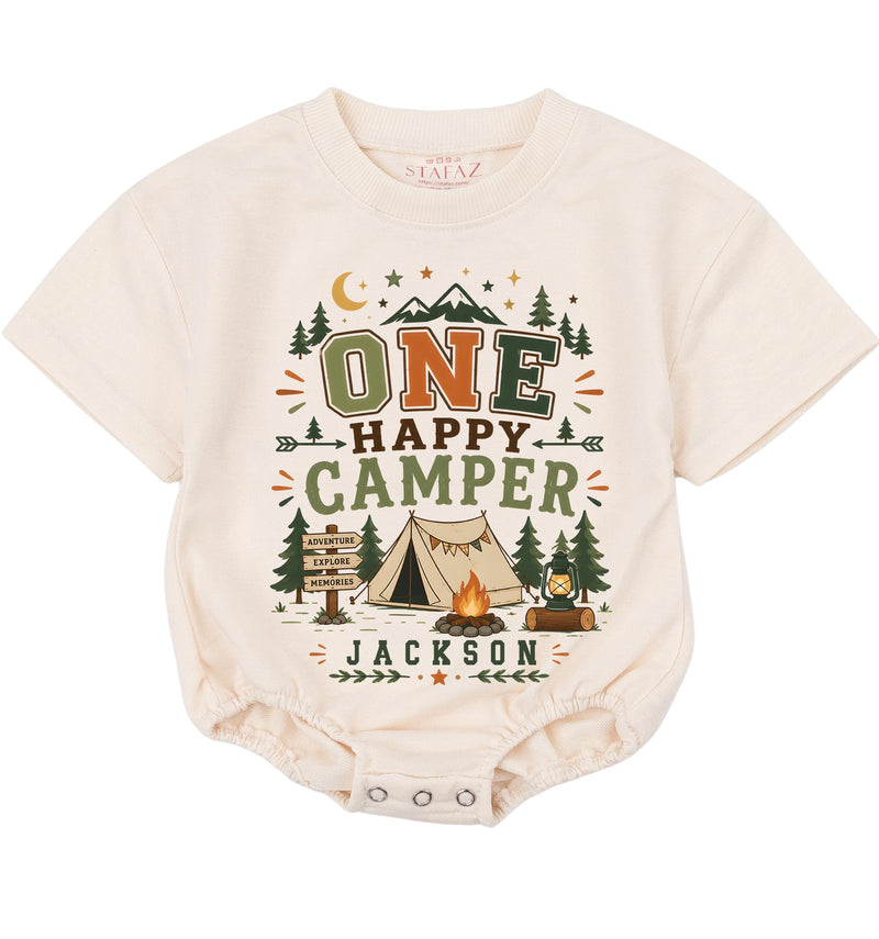 Personalized One Happy Camper Baby Romper with Camping Design, Soft Cotton Long Sleeve Bodysuit for Babies, Perfect First Birthday Outfit