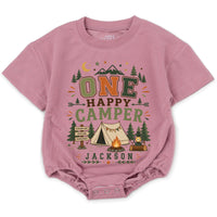 Personalized One Happy Camper Baby Romper with Camping Design, Soft Cotton Long Sleeve Bodysuit for Babies, Perfect First Birthday Outfit
