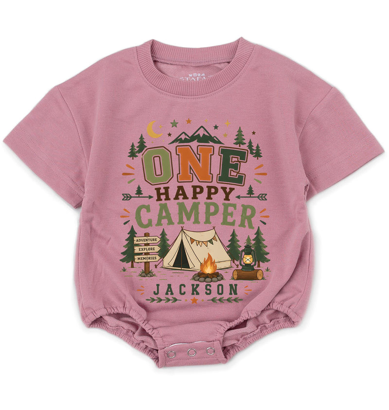 Personalized One Happy Camper Baby Romper with Camping Design, Soft Cotton Long Sleeve Bodysuit for Babies, Perfect First Birthday Outfit