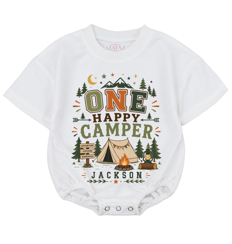 Personalized One Happy Camper Baby Romper with Camping Design, Soft Cotton Long Sleeve Bodysuit for Babies, Perfect First Birthday Outfit