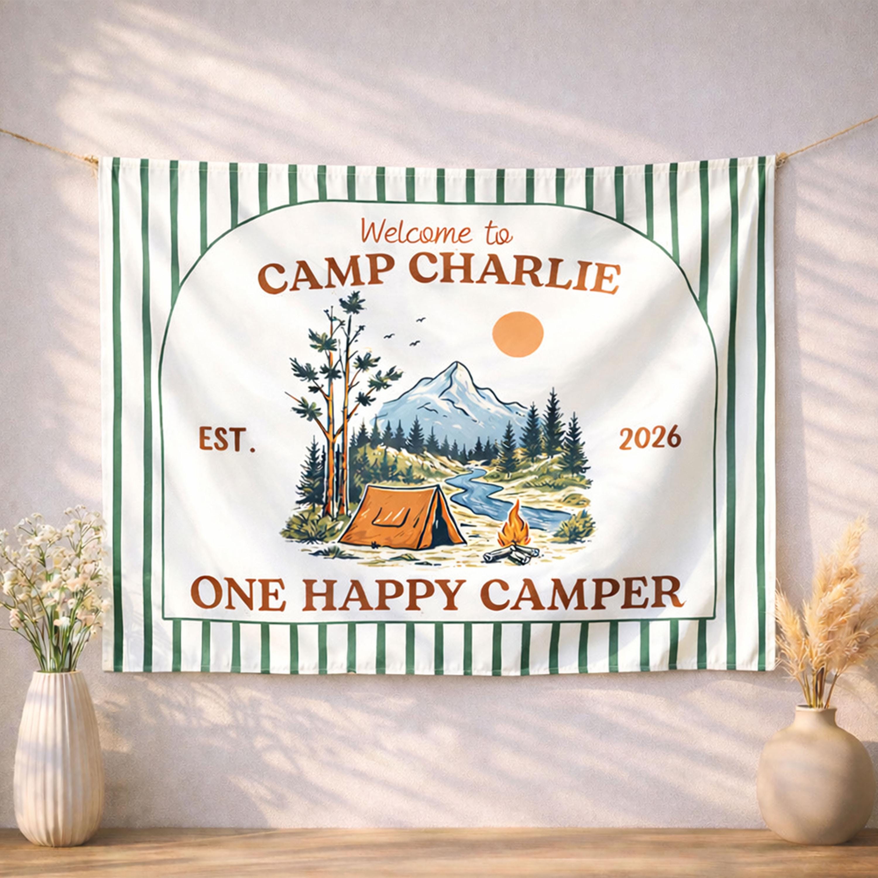 Personalized One Happy Camper Birthday Banner for Baby Boy, Rustic Tent Design Hiking Party Decor, Forest Green Stripes Camping Theme Sign