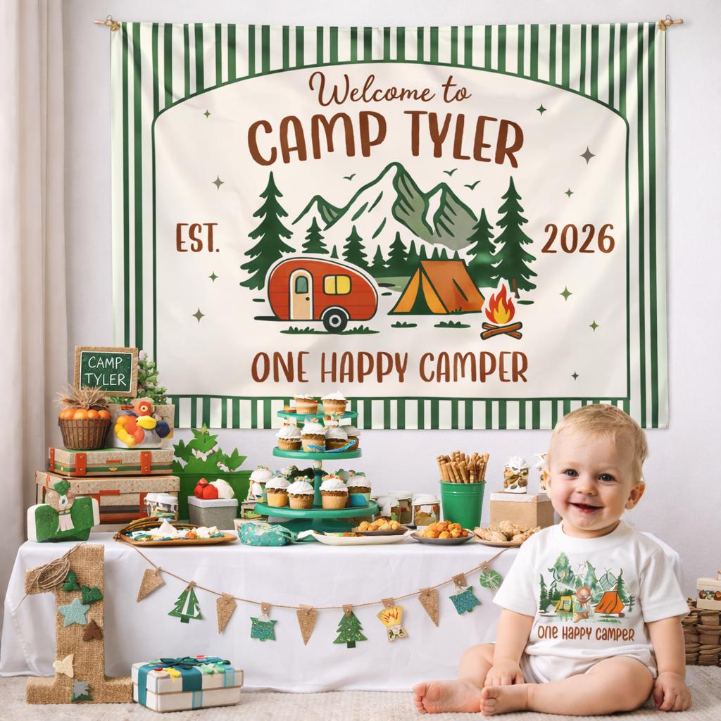 Personalized One Happy Camper Birthday Romper for Boys with Camping Gnomes Banner Set, Soft Cotton Outfit for Party or Casual Wear