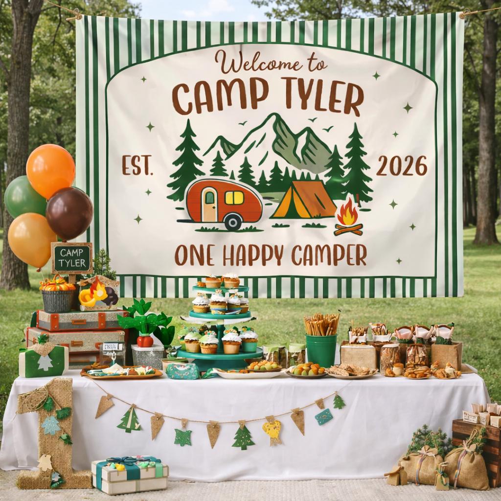 Personalized One Happy Camper Birthday Romper for Boys with Camping Gnomes Banner Set, Soft Cotton Outfit for Party or Casual Wear