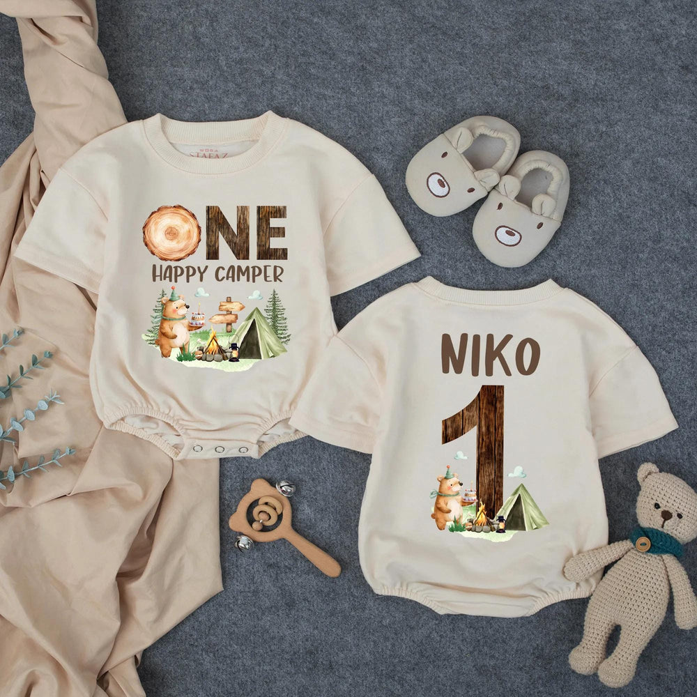 Personalized One Happy Camper First Birthday Outfit for Baby Boy, Soft Cotton Cake Smash Romper with Woodland Bear and Tent Design