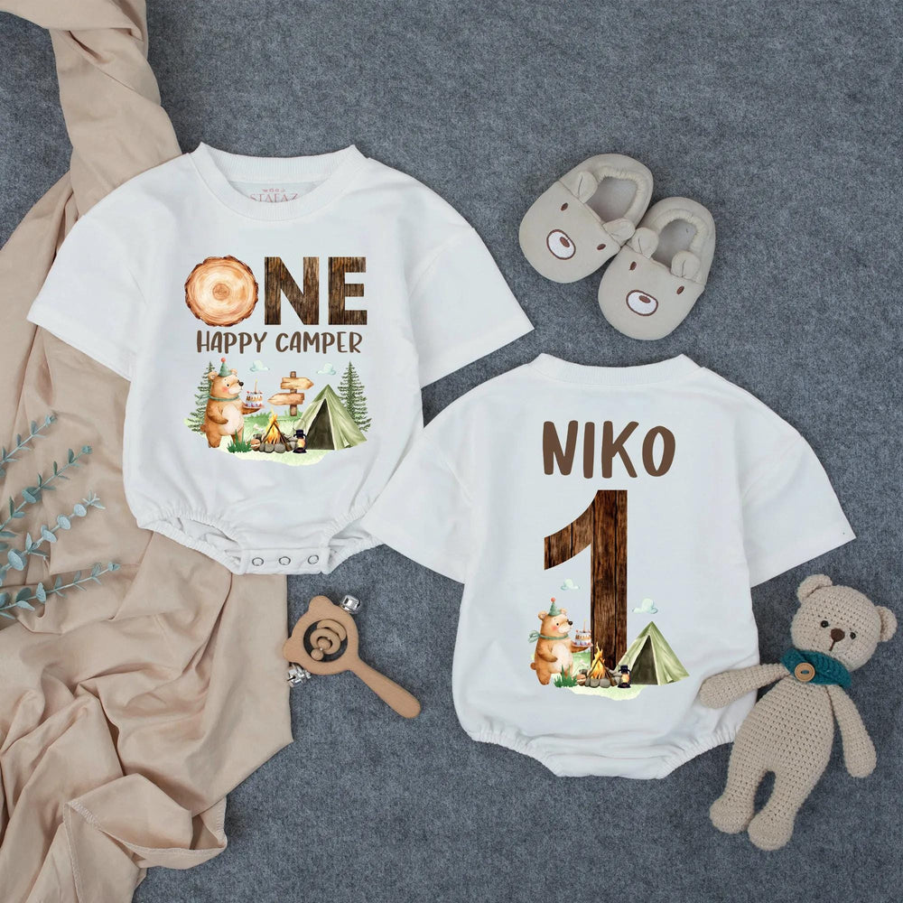 Personalized One Happy Camper First Birthday Outfit for Baby Boy, Soft Cotton Cake Smash Romper with Woodland Bear and Tent Design
