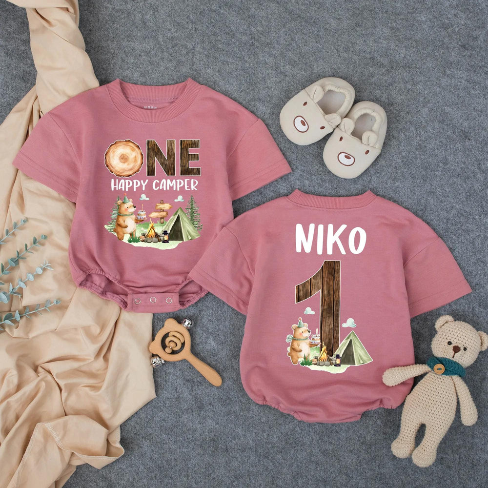 Personalized One Happy Camper First Birthday Outfit for Baby Boy, Soft Cotton Cake Smash Romper with Woodland Bear and Tent Design