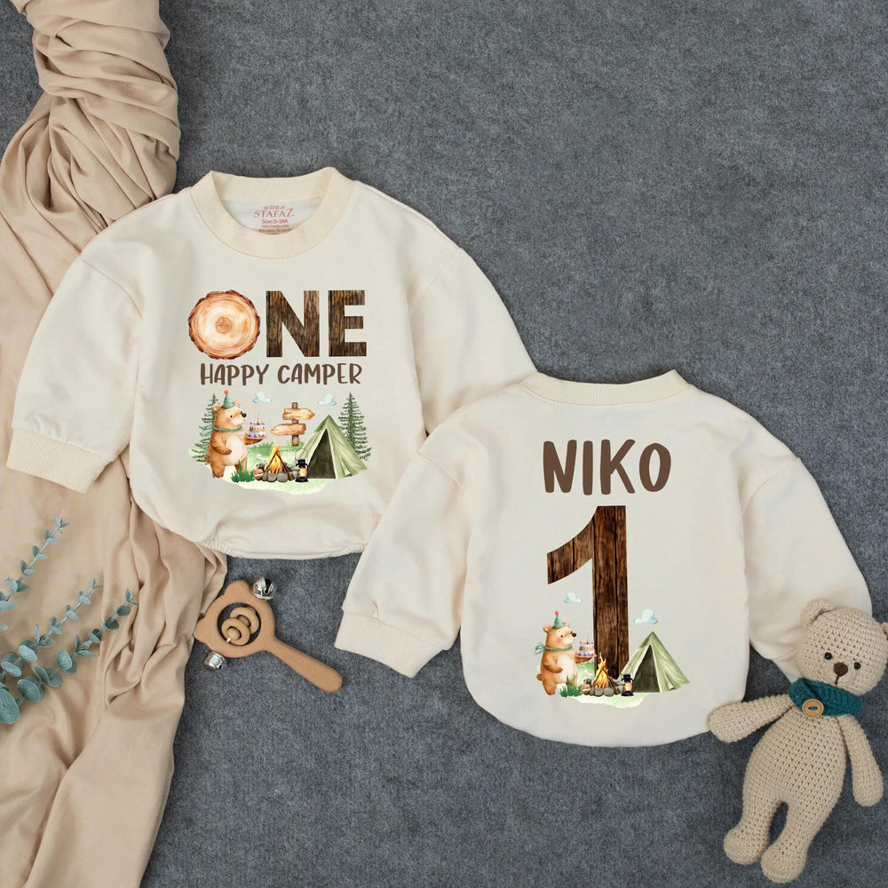 Personalized One Happy Camper First Birthday Outfit for Baby Boy, Soft Cotton Cake Smash Romper with Woodland Bear and Tent Design