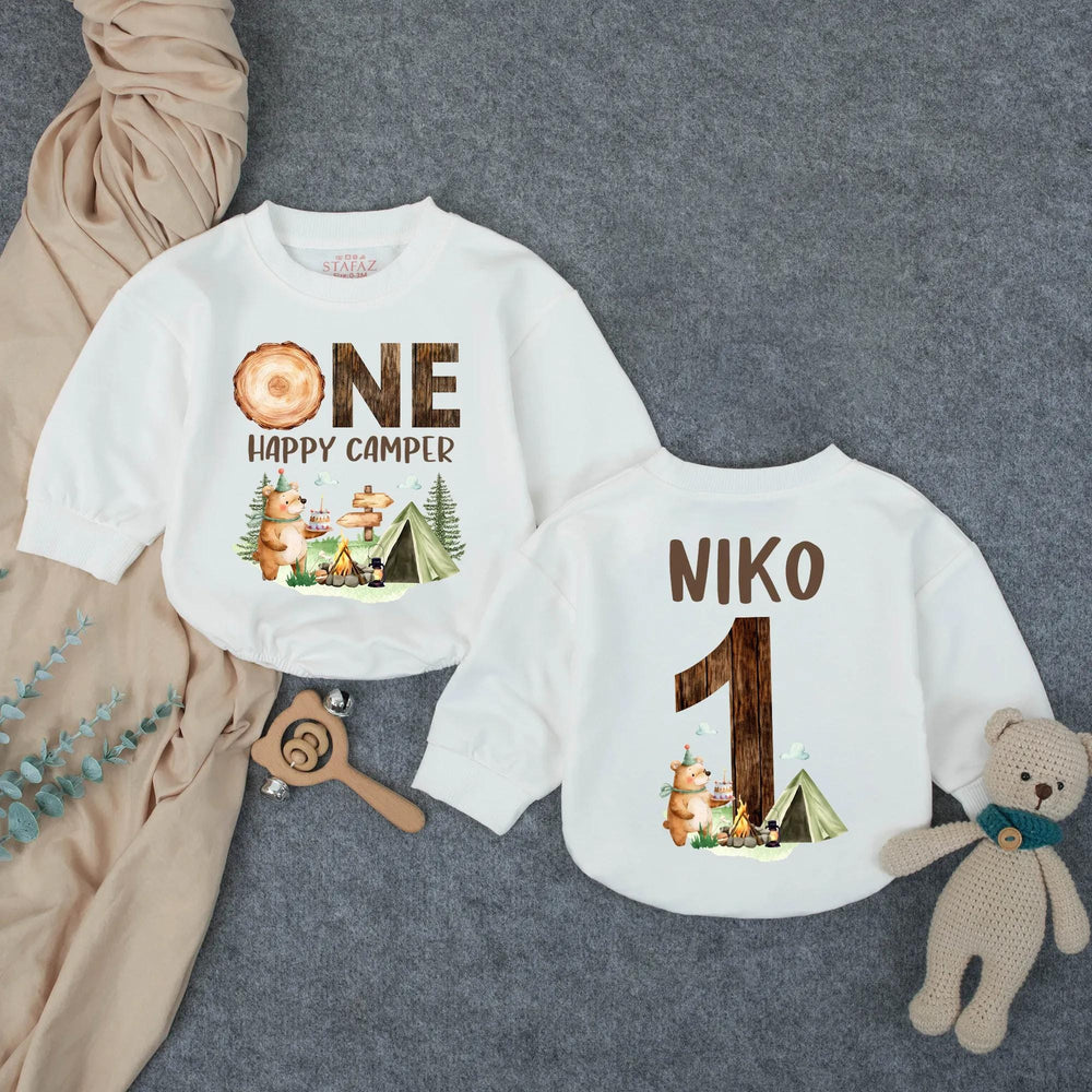 Personalized One Happy Camper First Birthday Outfit for Baby Boy, Soft Cotton Cake Smash Romper with Woodland Bear and Tent Design