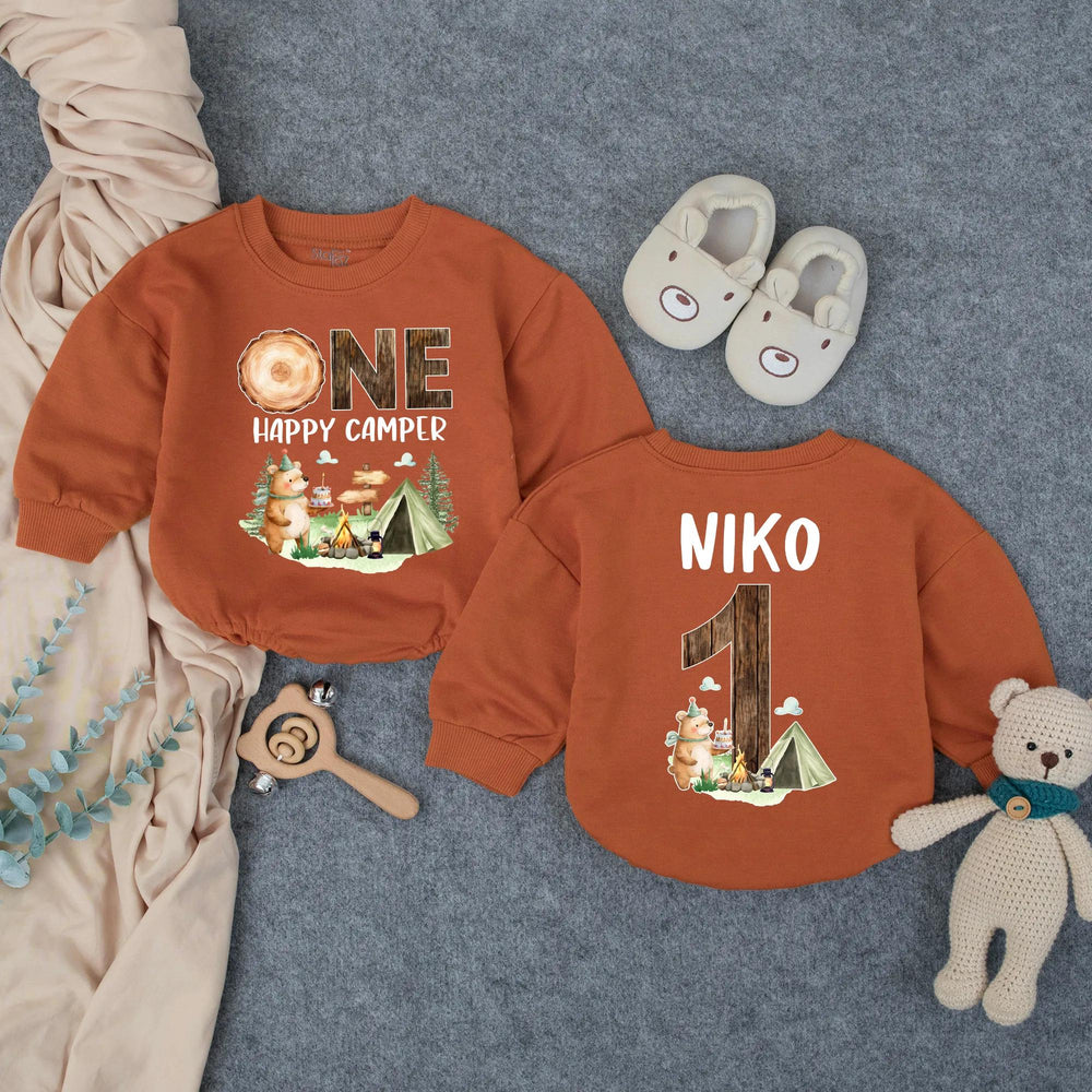 Personalized One Happy Camper First Birthday Outfit for Baby Boy, Soft Cotton Cake Smash Romper with Woodland Bear and Tent Design